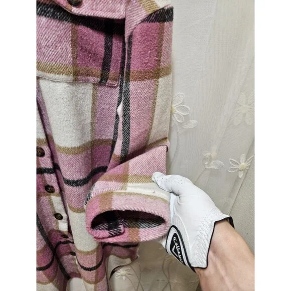 Womens XL Pink Black Jacket Plaid Oversized Thick Flannel Farm Barn Coat Tunic - Picture 3 of 16